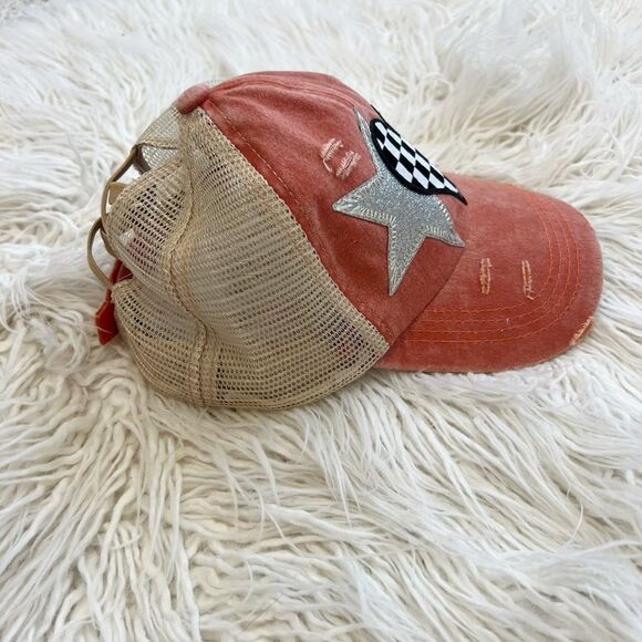 Coral Distressed Cap with Silver Star and Checkered Heart - Picture 4 of 6